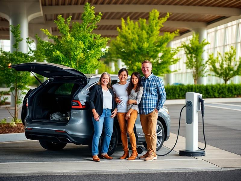A family loading their electric car before a trip