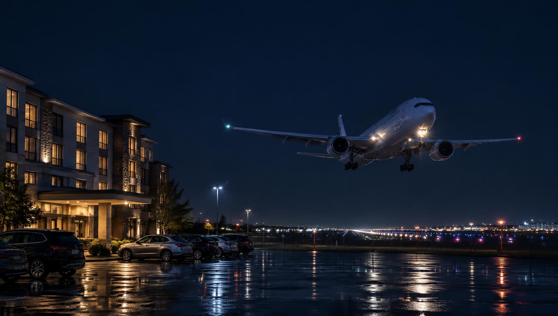 Hotel near an airport at night with an aircraft on approach overhead