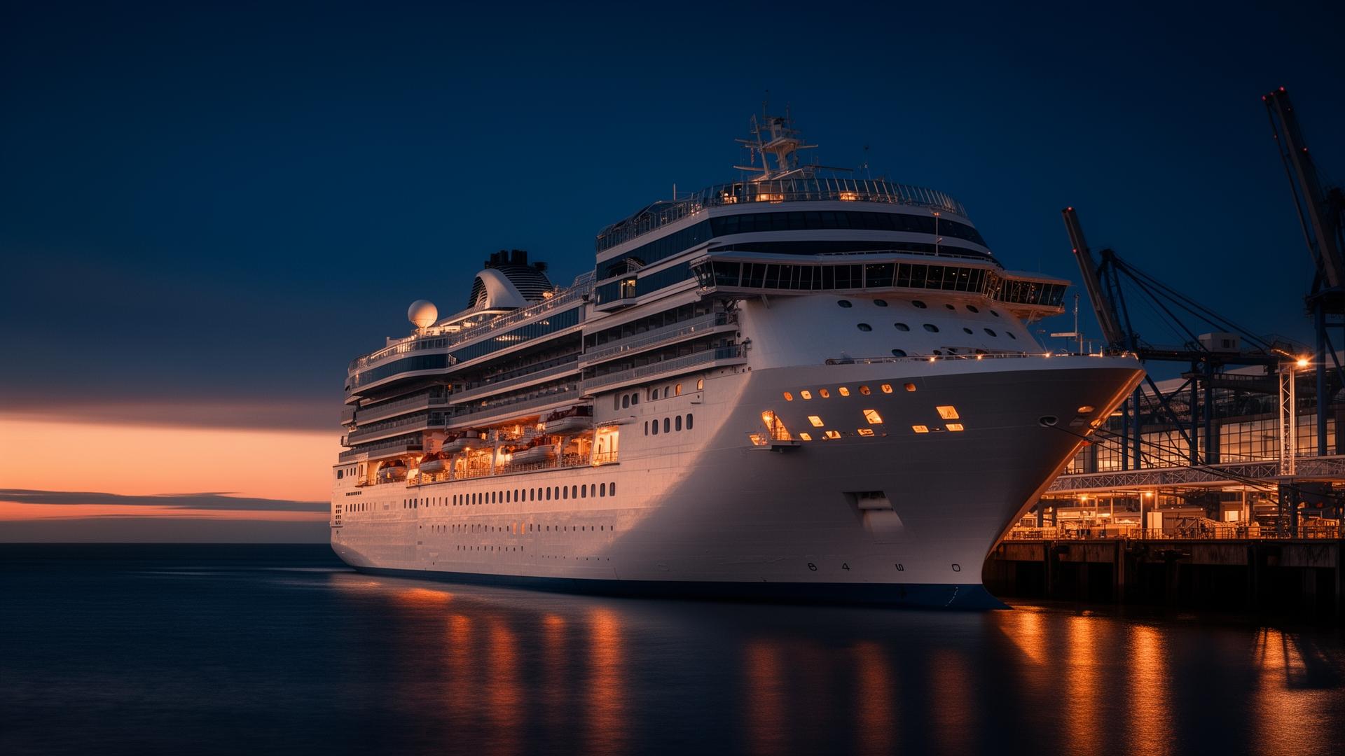 Cruise ship berthed at a port terminal at dusk