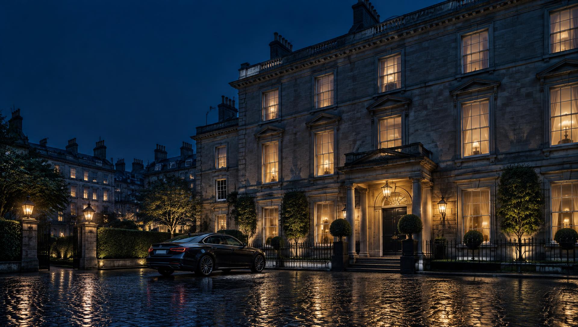 Georgian townhouse hotel at dusk with a car parked on the wet forecourt
