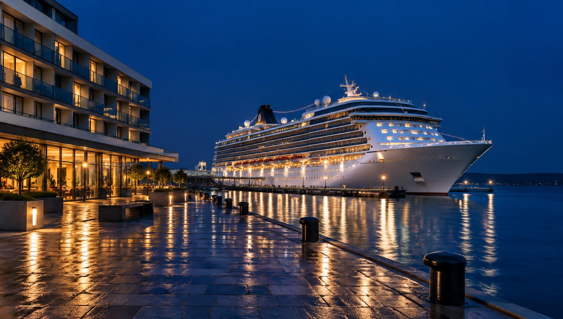 Waterfront hotel on a quayside at dusk with a cruise ship berthed behind