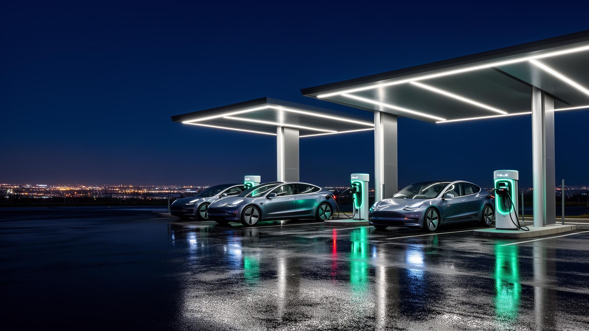 Driver charging an electric car at an airport hub forecourt at dusk
